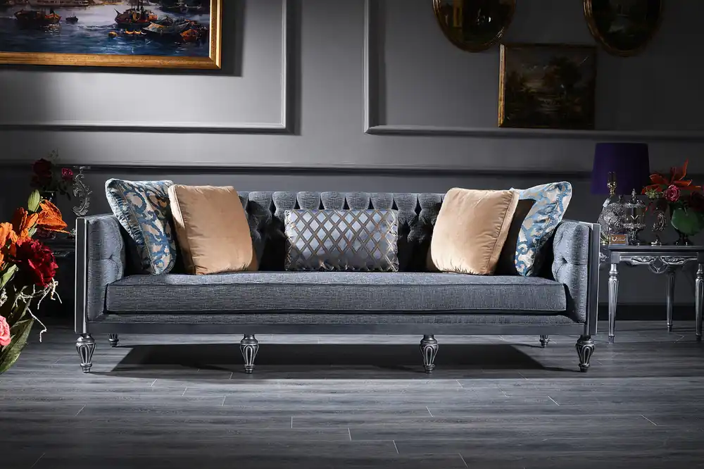 Markenware Casa Padrino Sofá Chesterfield Barroco de Lujo Azul / Plata 250 x 92 x H. 85 cm - Muebles de Sala en Estilo Barroco