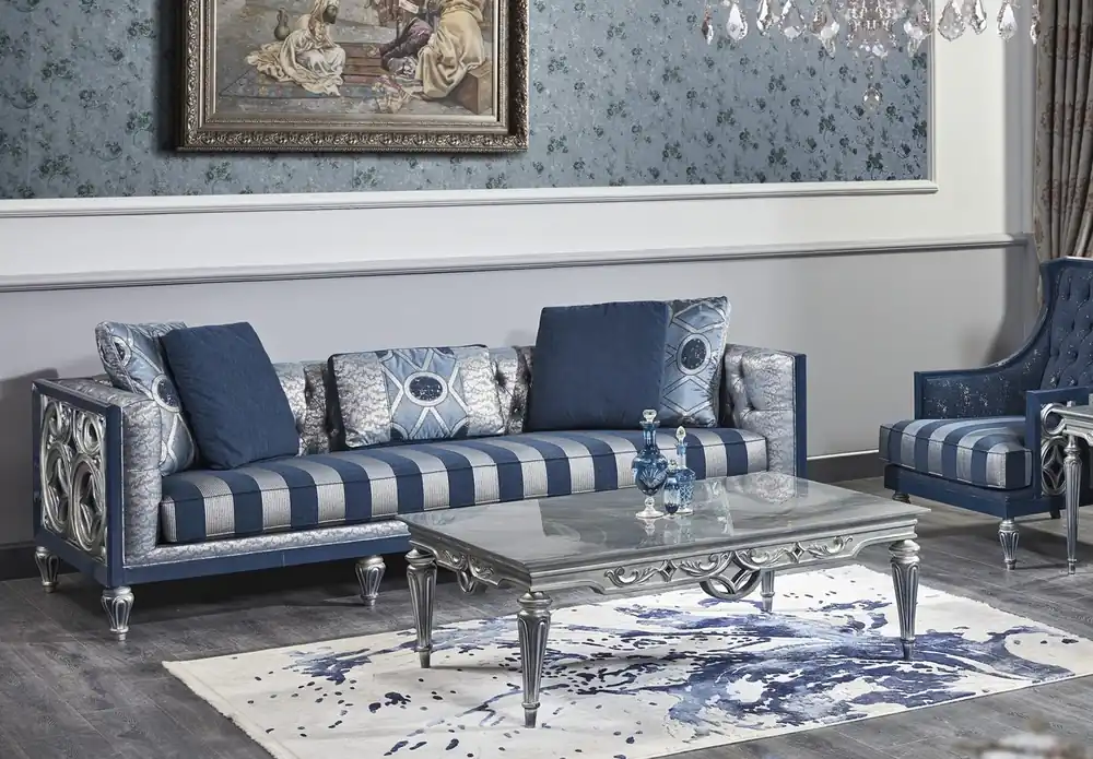 Solange Der Vorrat Reicht Casa Padrino Sofá Chesterfield Barroco de Lujo Azul / Plata Rayas 250 x 92 x H. 85 cm - Muebles de Sala en Estilo Barroco