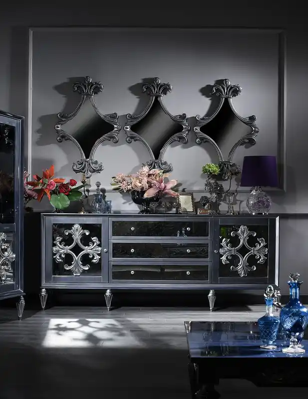 Schneller Versand Casa Padrino conjunto de sala de estar barroco de lujo gris / azul / plata - Cómoda con 3 Espejos - Muebles de Salón Barrocos