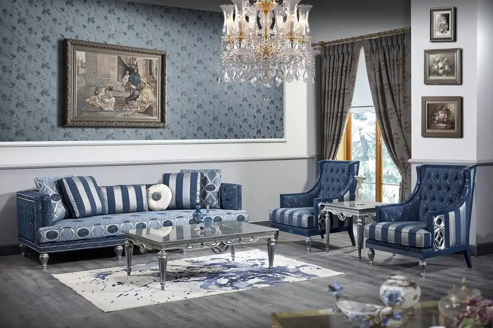 Casa Padrino conjunto de sala de estar barroco de lujo azul oscuro / azul claro / plata - Sofá y 2 Sillones y Mesa de Centro - Muebles de Salón Barrocos Direkt Vom Hersteller