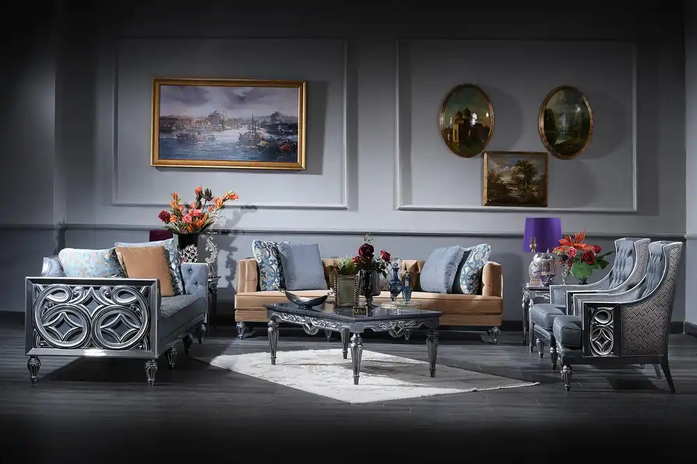 Neu Im Sortiment Casa Padrino conjunto de sala de estar barroco de lujo azul / beige / plata - 2 Sofás y 2 Sillones y Mesa de Centro - Muebles de Salón Barrocos