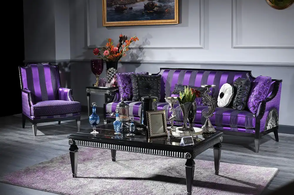 Neu Casa Padrino conjunto de sala de estar barroco de lujo púrpura / negro / plata - 1 Sofá y 1 Sillón y 1 Mesa de Café y 1 Mesa Auxiliar - Muebles Barrocos