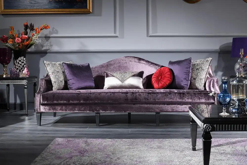 Casa Padrino Sofá Barroco de Lujo de Terciopelo Púrpura / Negro / Plata 245 x 93 x H. 90 cm - Sofá de la Sala - Muebles de Salón Barrocos Bestseller