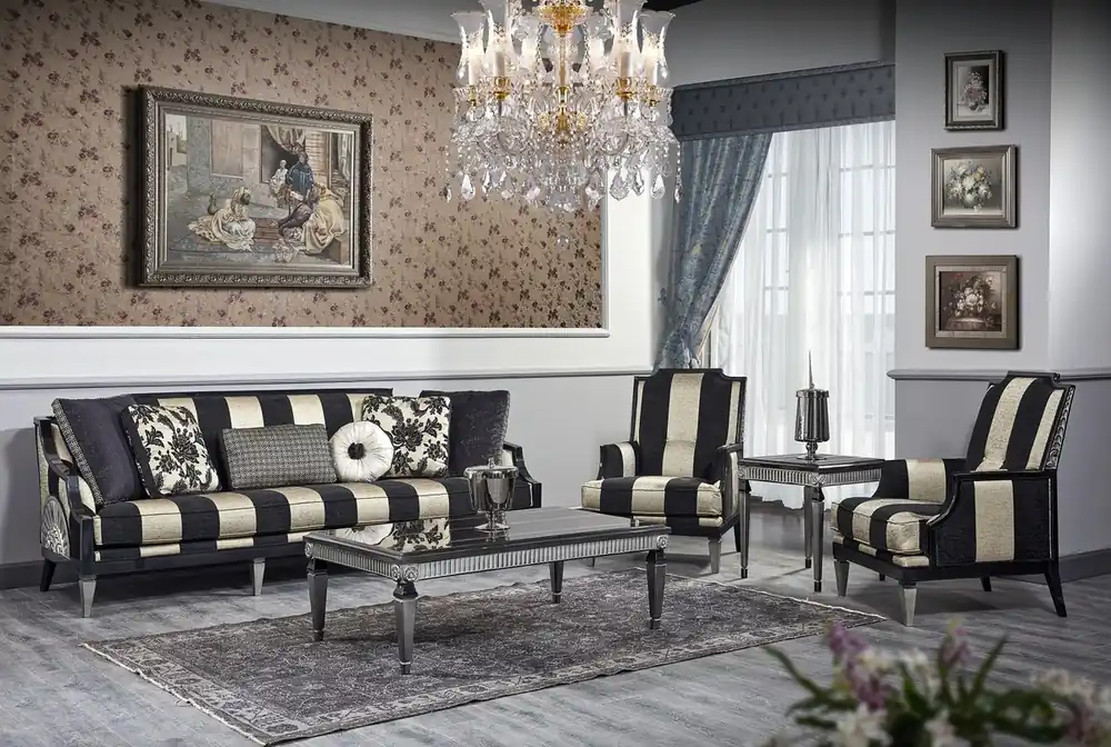 Sonderangebot Casa Padrino conjunto de sala de estar barroco de lujo negro / oro / plata - 1 Sofá y 2 Sillones y 1 Mesa de Café y 1 Mesa Auxiliar - Muebles Barrocos