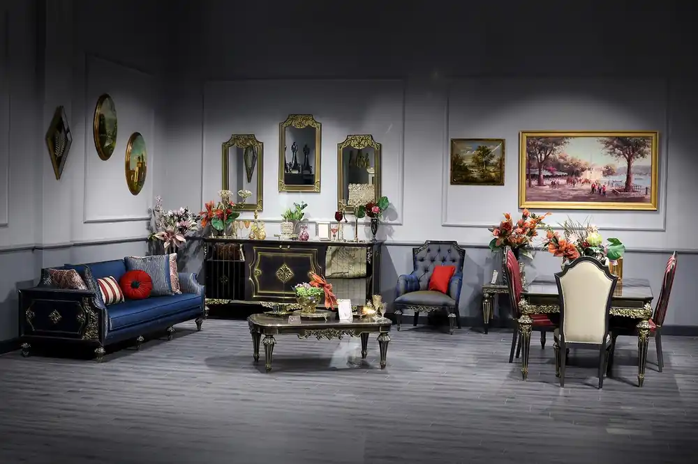 Neu Im Sortiment Casa Padrino conjunto de sala de estar & comedor barroco de lujo azul / negro / oro - Muebles Barrocos