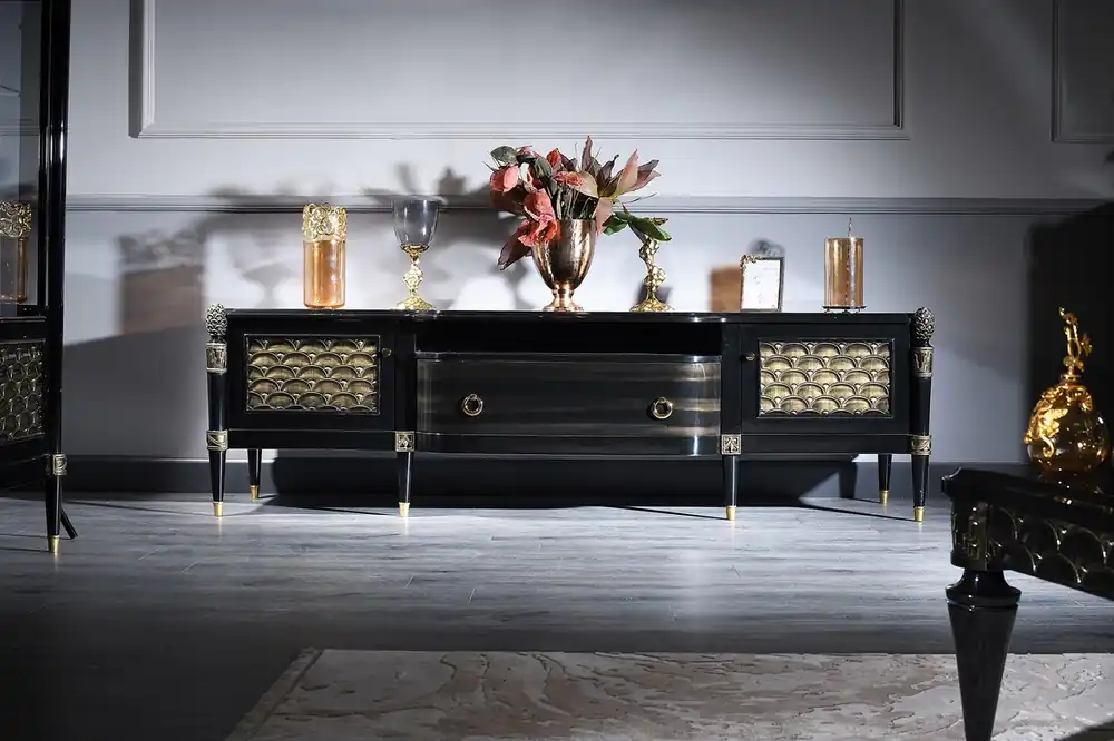 Casa Padrino gabinete de la TV barroco de lujo negro / oro 226 x 59 x H. 68 cm - Armario de Salón Barroco con 2 Puertas y Cajón Neuheit
