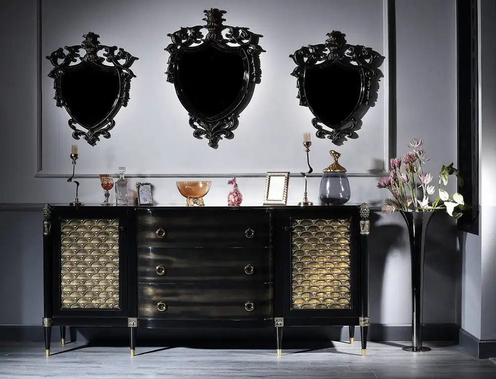 Meistverkauft Casa Padrino conjunto de sala de estar barroco de lujo negro / oro - Cómoda y 3 Espejos de Pared - Muebles Barrocos