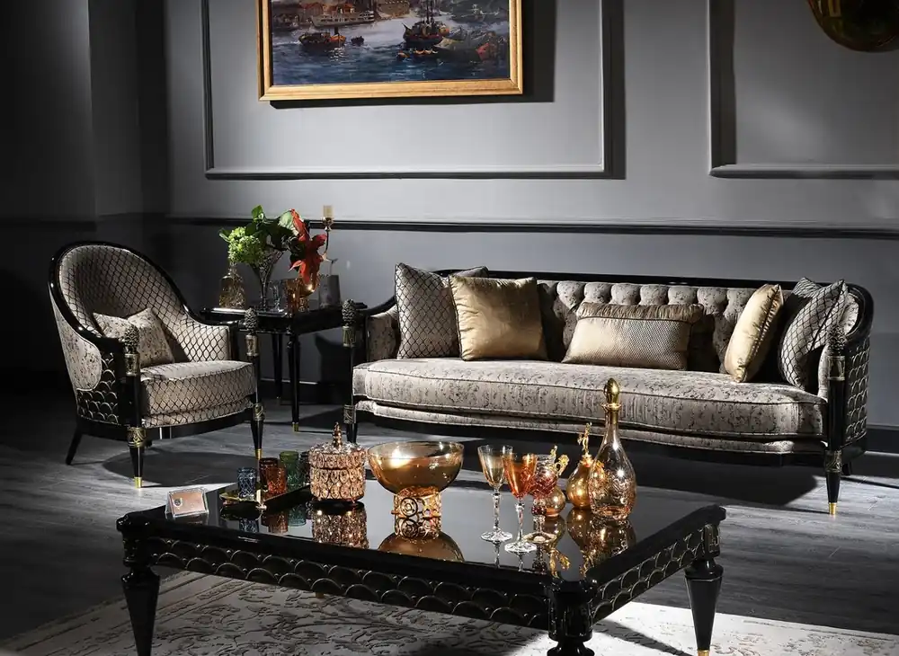 Casa Padrino conjunto de sala de estar barroco de lujo plata gris / negro / oro - 1 Sofá Chesterfield y 1 Sillón y 1 Mesa de Café y 1 Mesa Auxiliar - Muebles Barrocos Direktkauf