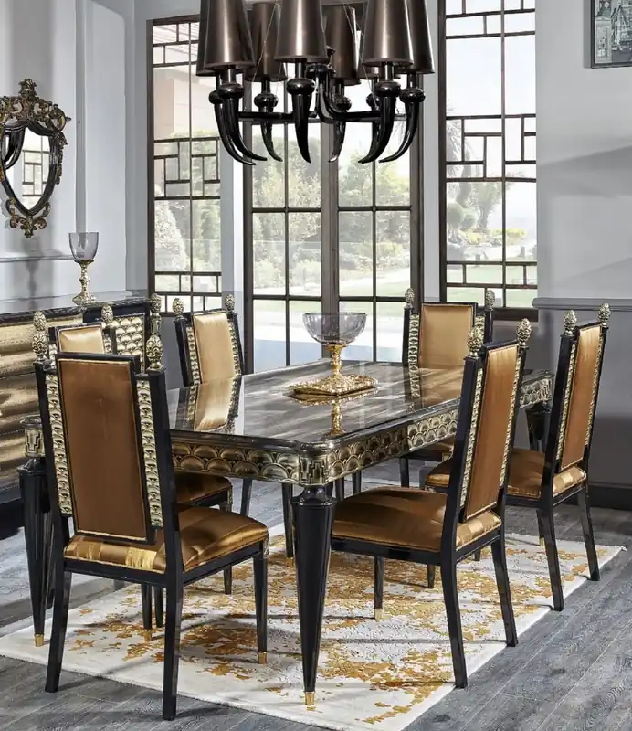 Casa Padrino conjunto de comedor barroco de lujo oro / negro - 1 Mesa de Comedor y 6 Sillas de Comedor - Muebles de Comedor en Estilo Barroco Schnäppchen