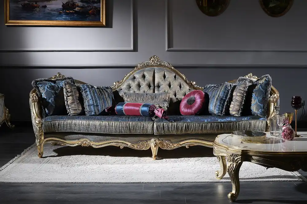 Casa Padrino Sofá Chesterfield Barroco de Lujo Azul Oscuro / Oro Antiguo 300 x 90 x H. 119 cm - Sofá Barroco Suntuoso de la Sala de Estar - Muebles Barrocos Schnäppchen