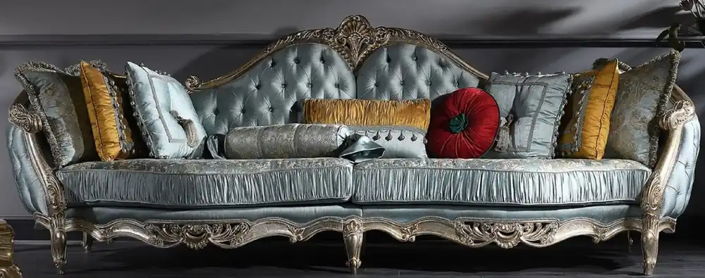 Casa Padrino sofá barroco de lujo turquesa / plata / oro 310 x 99 x H. 113 cm - Suntuoso Sofá de Sala de Estar Chesterfield en Estilo Barroco Jetzt Bestellen