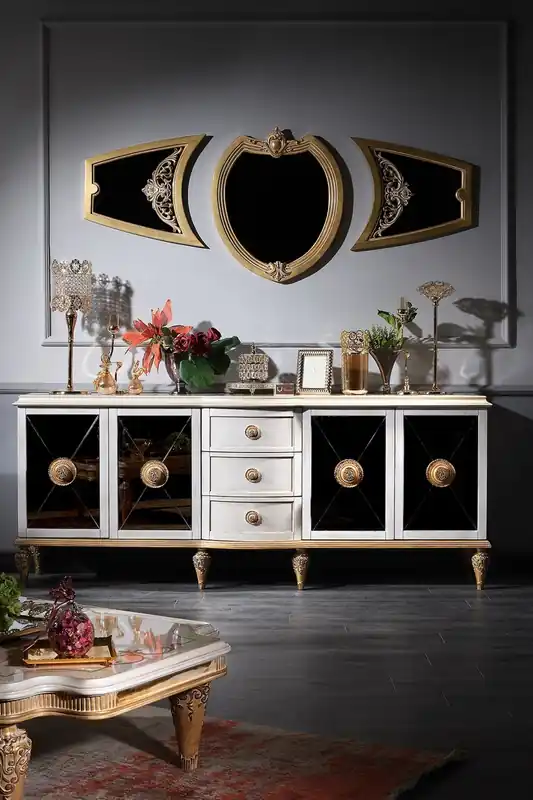 Casa Padrino conjunto de sala de estar barroco de lujo blanco / oro - Cómoda Barroco y 3 Espejos de Pared - Muebles Barrocos Geprüft
