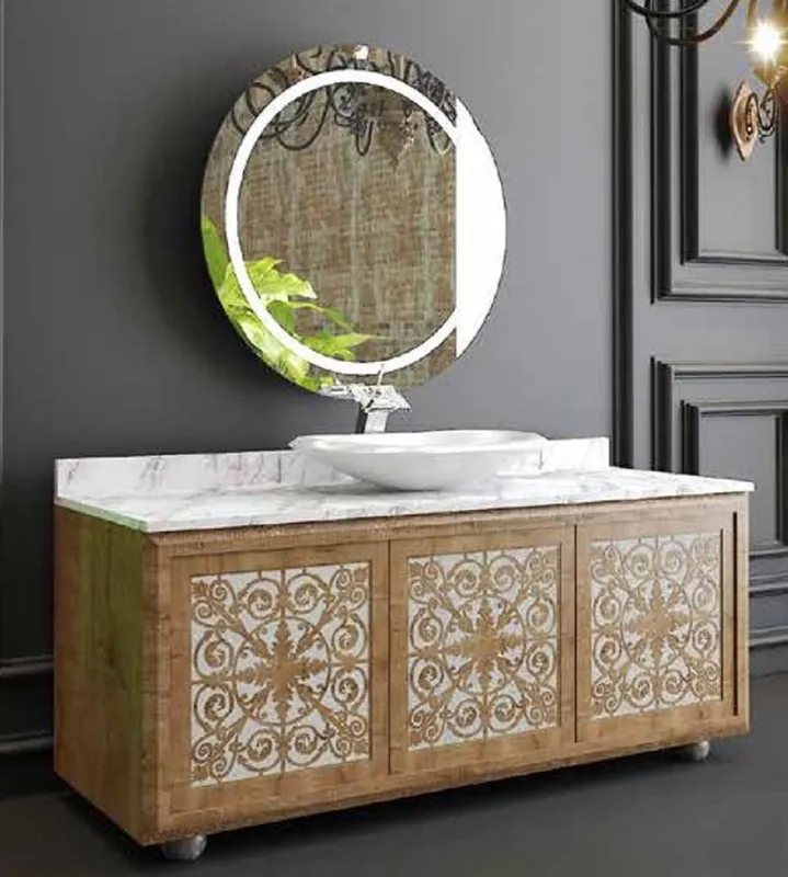 Casa Padrino Conjunto de Baño de Lujo Natural / Blanco - 1 Mesa de Lavado con 3 Puertas y 1 Lavabo y 1 Espejo de Pared - Muebles de Baño - Calidad de Lujo Wochenendangebot