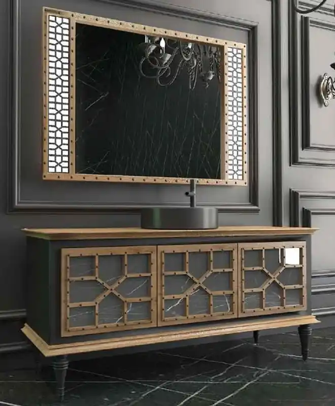 Markenprodukt Casa Padrino Conjunto de Baño de Lujo Natural / Negro - 1 Mesa de Lavado con 3 Puertas y 1 Lavabo y 1 Espejo de Pared - Calidad de Lujo