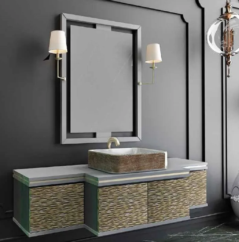 Casa Padrino Conjunto de Baño de Lujo Gris / Oro / Negro - 1 Mesa de Lavado con 4 Puertas y 1 Lavabo y 1 Espejo de Pared con 2 Lámparas de Pared - Colección de Lujo Sonderangebot