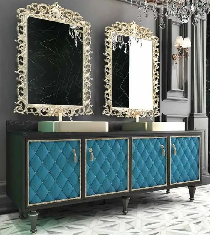 Casa Padrino Conjunto de Baño Barroco de Lujo Negro / Azul / Oro - 1 Mesa de Lavado con 4 Puertas y 2 Lavabos y 2 Espejos de Pared - Suntuosos Muebles de Baño Schnäppchen