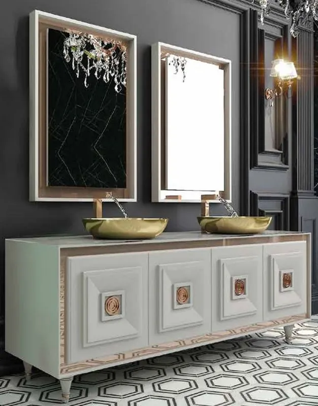 Neu Casa Padrino Conjunto de Baño de Lujo Blanco / Bronce / Oro - 1 Mesa de Lavado con 4 Puertas y 2 Lavabos y 2 Espejos de Pared - Muebles de Baño de Lujo