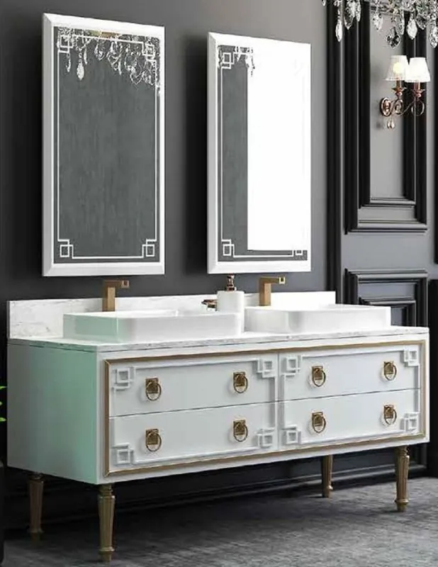 Casa Padrino Conjunto de Baño de Lujo Blanco / Oro - 1 Mesa de Lavado con 4 Cajones y 2 Lavabos y 2 Espejos de Pared - Muebles de Baño de Lujo Abverkauf