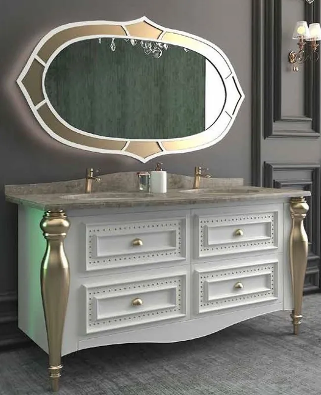 Casa Padrino Conjunto de Baño Barroco de Lujo Blanco / Gris / Oro - 1 Mesa de Lavado con 4 Cajones y 2 Lavabos y 1 Espejo de Pared - Suntuosos Muebles de Baño Geprüft
