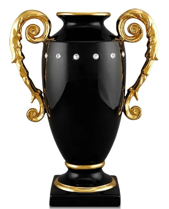 Casa Padrino Jarrón Barroco Negro / Oro 28 x 18 x H. 36 cm - Jarrón de Cerámica Hecho a Mano y Pintado a Mano con Cristal de Swarovski Direktkauf