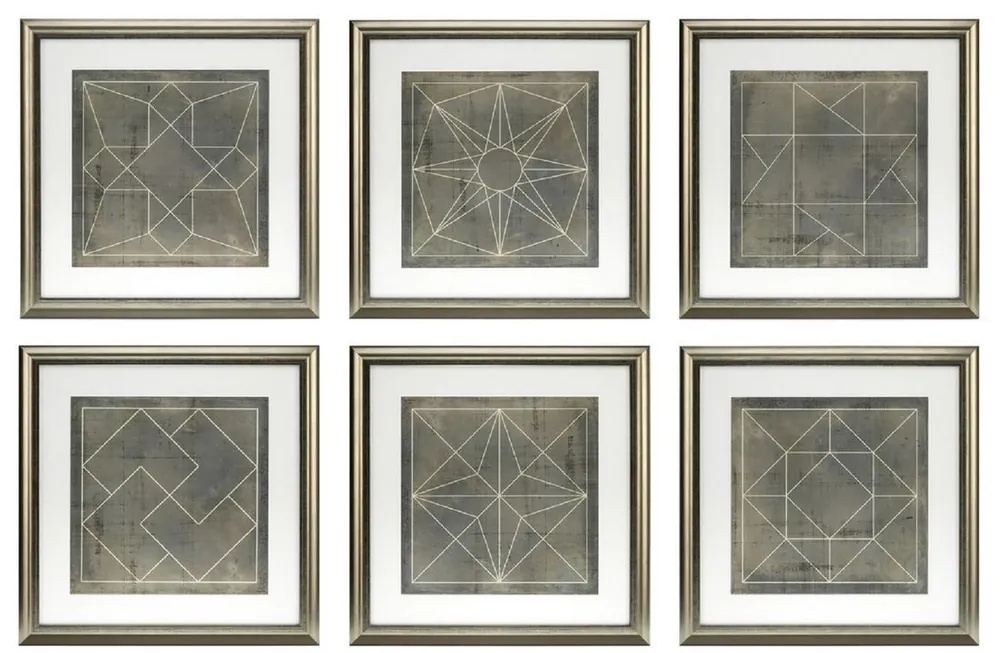 Casa Padrino conjunto de planos azul formas geométricas gris / oro 57 x H. 57 cm - Imágenes de Lujo con Marco de Madera - Decoración de Pared Aktuell