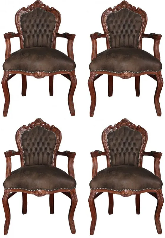 Wochenendangebot Casa Padrino Conjunto de Sillas de Comedor Barroco Marrón / Marrón Cuero Aspecto 53 x 57 x H. 108 cm - 4 Sillas de Comedor Hechas a Mano con Reposabrazos - Muebles Barrocos