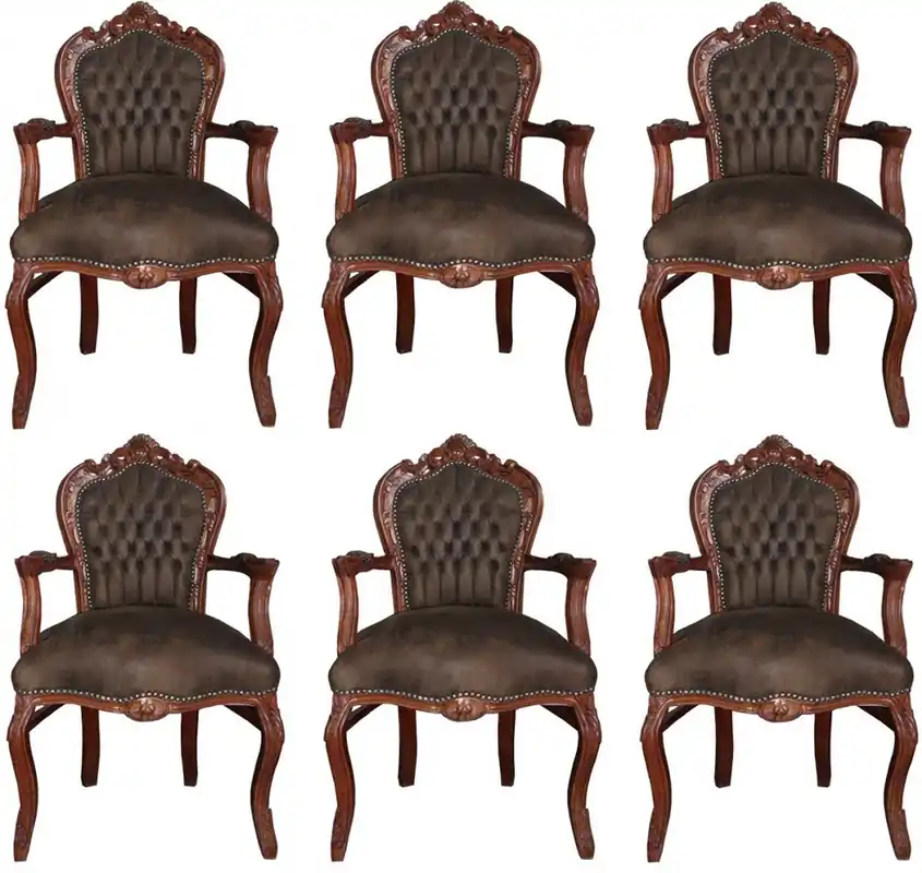 Casa Padrino Conjunto de Sillas de Comedor Barroco Marrón / Marrón Cuero Aspecto 53 x 57 x H. 108 cm - 6 Sillas de Comedor Hechas a Mano con Reposabrazos - Muebles Barrocos Neu Im Sortiment