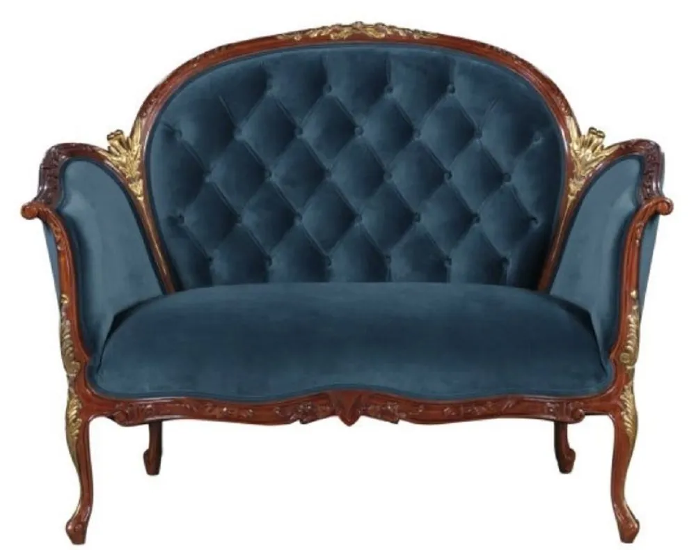Casa Padrino Sofá Barroco de Terciopelo Azul / Marrón / latón 125 x 73,5 x H. 92,5 cm - Muebles de Estilo Barroco Wochenendangebot