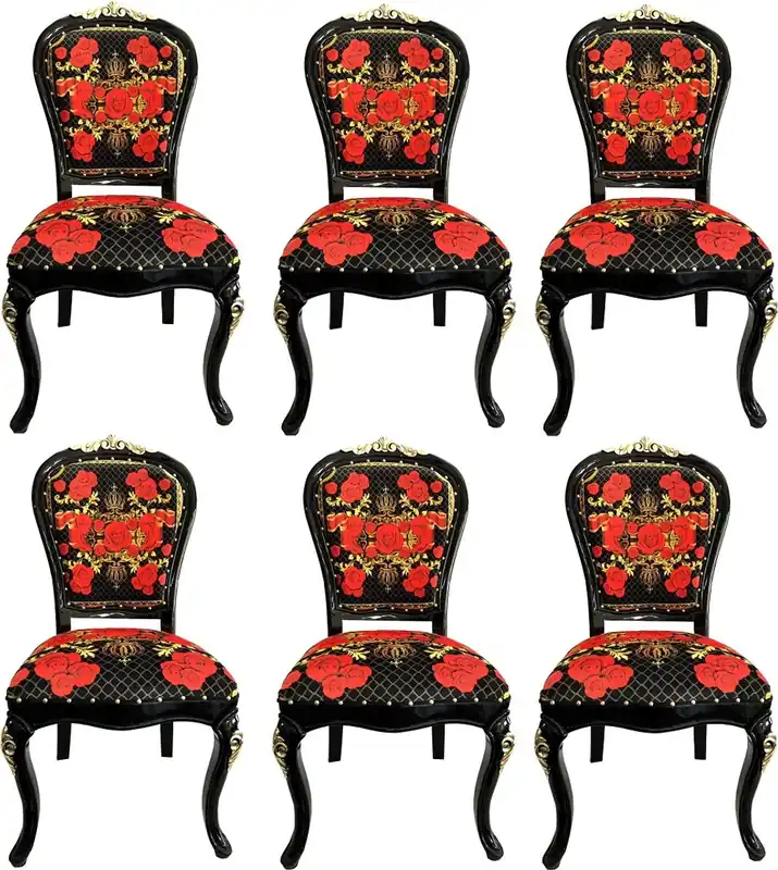 Jetzt Bestellen Pompöös by Casa Padrino Sillas de Comedor Barrocas de Lujo Rosas Negro / Rojo / Oro - Conjunto de Comedor - 6 Sillas de Estilo Barroco Pompöös Diseñadas por Harald Glööckler