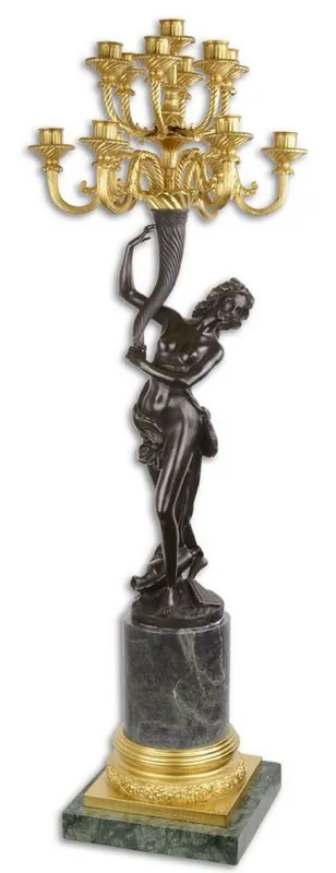 Casa Padrino candelabro barroco mujer mirando a la izquierda negro / oro / verde 37 x 32.4 x H. 108 cm - Magnífico Candelabro de Bronce de 13 llamas con Base de Mármol Markenware