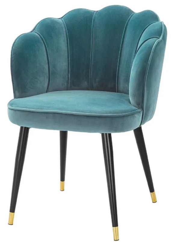 Jetzt Bestellen Casa Padrino silla de comedor de terciopelo de lujo con reposabrazos verde mar / negro / oro 60 x 63 x H. 83 cm - Silla de Cocina con Diseño de Concha