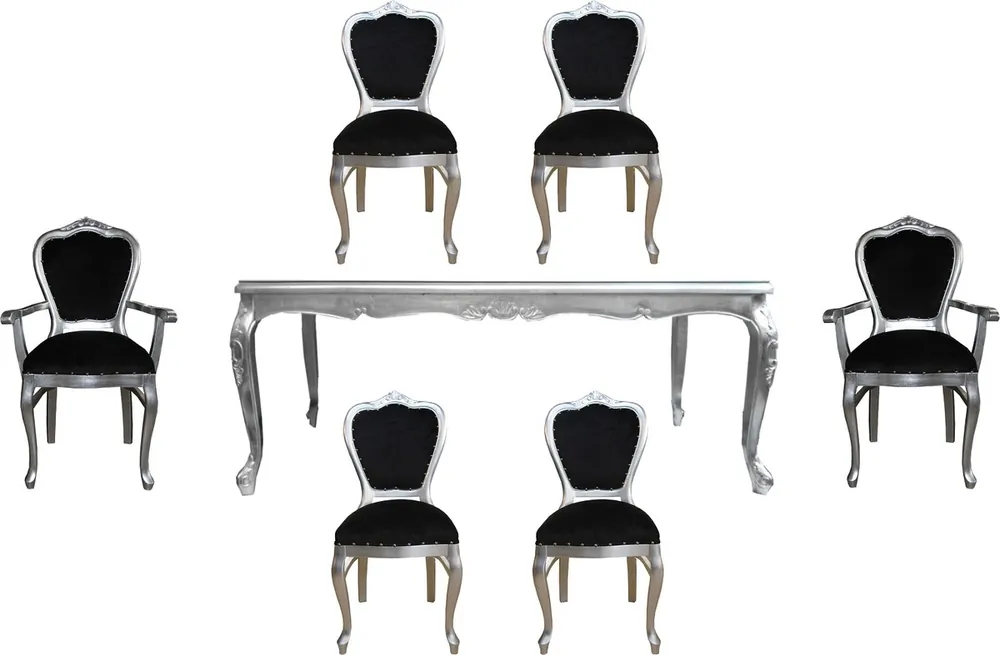 Top-Angebot Casa Padrino Conjunto de Comedor Barroco de Lujo Negro / Plata - 1 Mesa de Comedor con Tapa de Vidrio y 6 Sillas - Muebles de Comedor Barroco - Hecho en Italia - Colección de Lujo