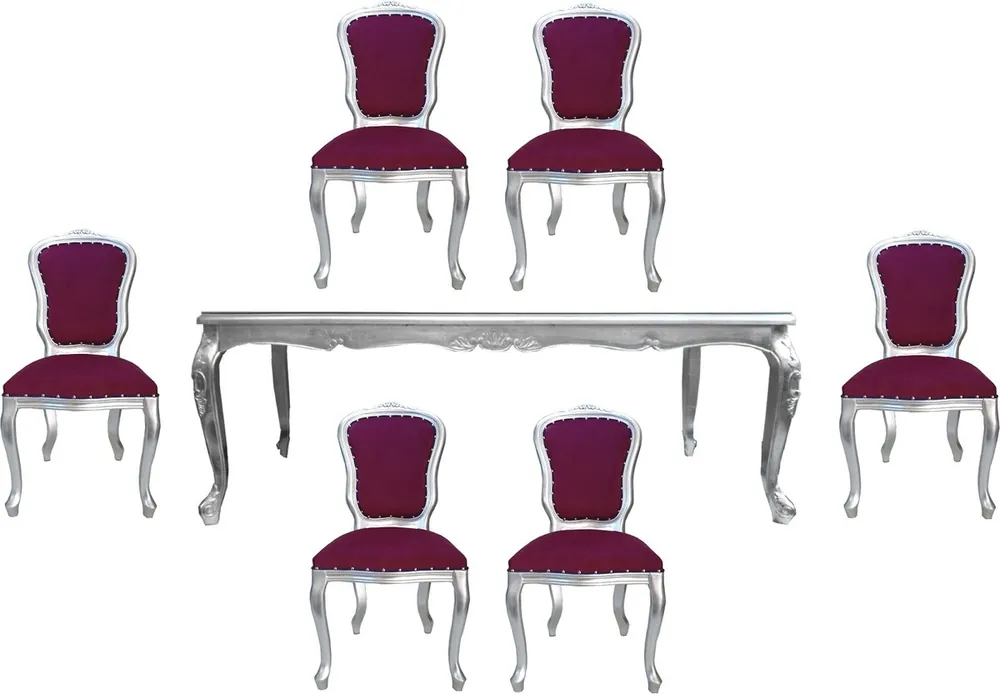 Günstig Casa Padrino Conjunto de Comedor Barroco de Lujo Púrpura / Plata - 1 Mesa de Comedor con Tapa de Vidrio y 6 Sillas de Comedor - Hecho en Italia - Colección de Lujo