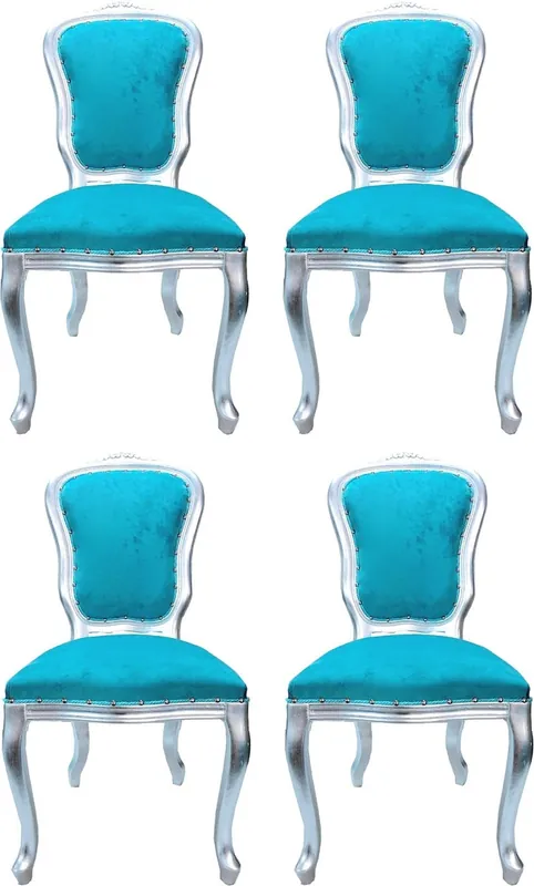 Casa Padrino Conjunto de Comedor Barroco de Lujo Louis Turquesa / Plata 50 x 60 x H. 104 cm - 4 Sillas de Comedor Hechas a Mano - Muebles de Comedor Barroco - Hecho en Italia Bestpreis