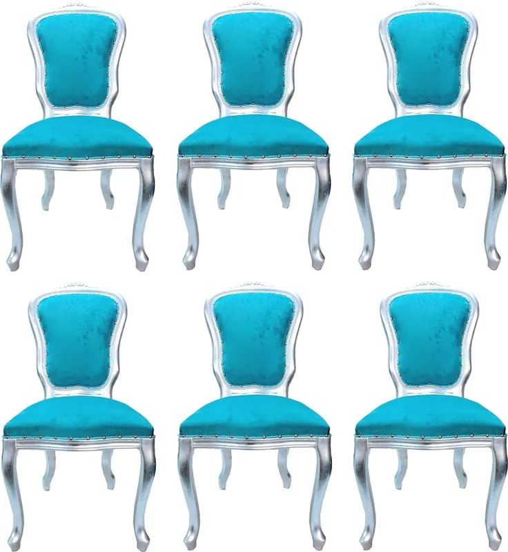 Sonderangebot Casa Padrino Conjunto de Comedor Barroco de Lujo Louis Turquesa / Plata 50 x 60 x H. 104 cm - 6 Sillas de Comedor Hechas a Mano - Muebles de Comedor Barroco - Hecho en Italia
