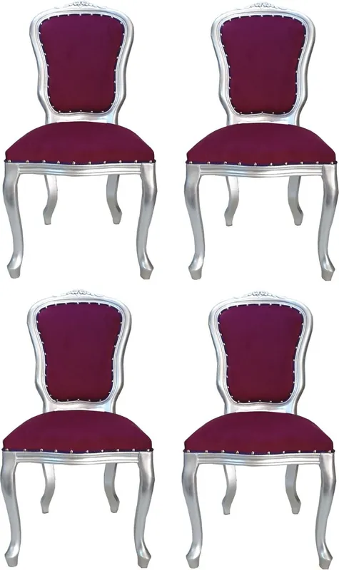 Begrenztes Angebot Casa Padrino Conjunto de Comedor Barroco de Lujo Louis Púrpura / Plata 50 x 60 x H. 104 cm - 4 Sillas de Comedor Hechas a Mano - Muebles de Comedor Barroco - Hecho en Italia