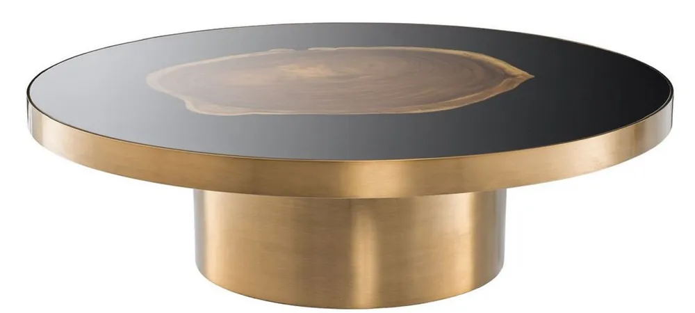 Rabatt Casa Padrino mesa de centro de lujo latón / negro / marrón Ø 120 x H. 34 cm - Mesa de sala de estar redonda de acero inoxidable con rodaja de árbol de madera suar - Muebles de Lujo