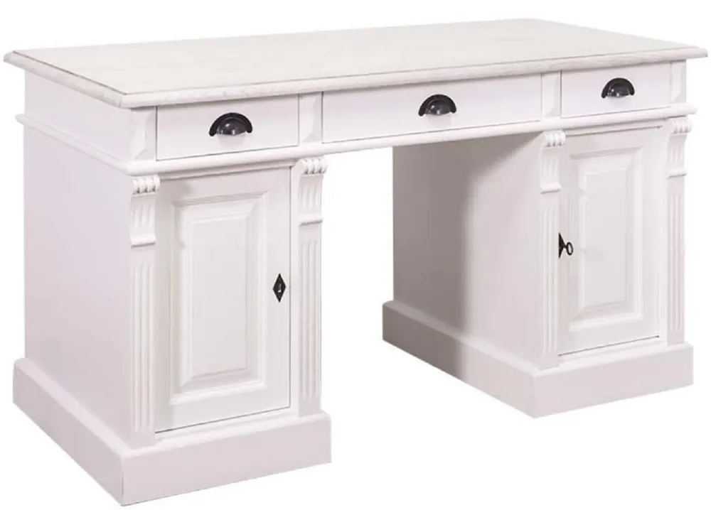 Preis Gesenkt Casa Padrino escritorio de madera maciza de estilo campestre con 3 cajones y 2 puertas blanco 140 x 70 x H. 78 cm - Muebles de Oficina de Estilo Campestre