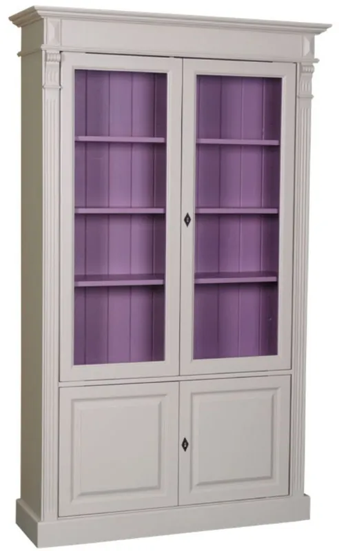 Casa Padrino gabinete de libros de estilo campestre gris claro / púrpura 119 x 39 x H. 197 cm - Mueble de Salón con 4 Puertas - Armario de Madera Maciza - Vitrina - Muebles de Salón de Estilo Campestre Neu