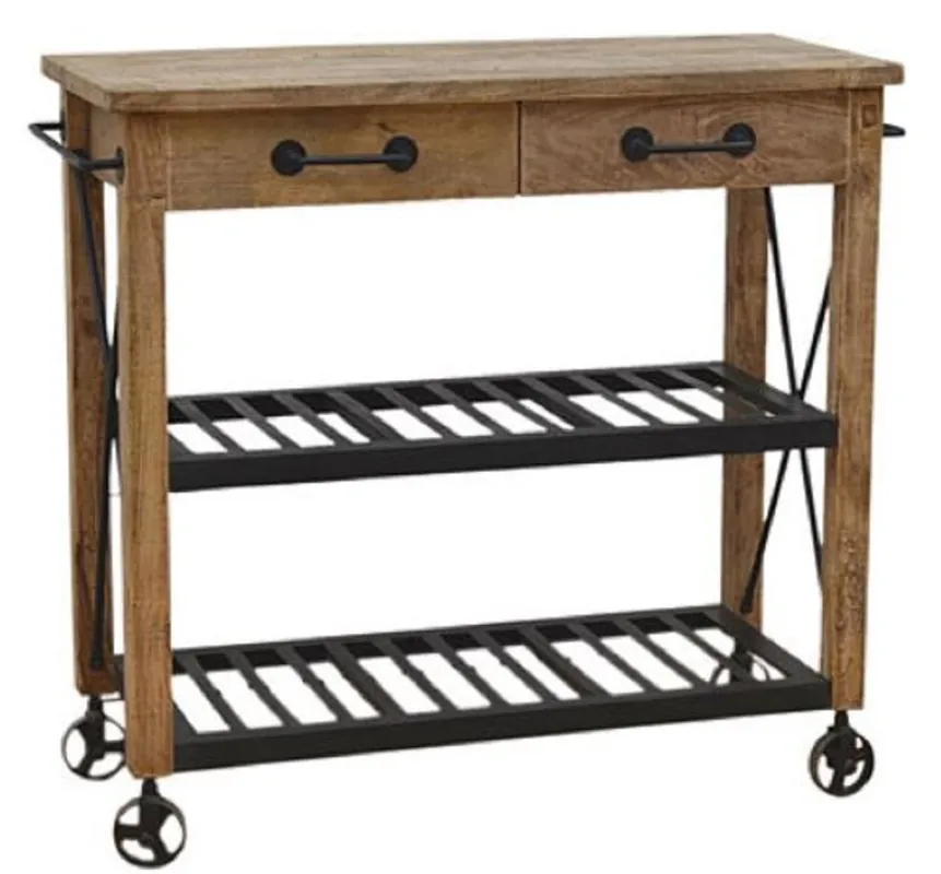 Casa Padrino carrito de bar estilo rural natural / negro 106 x 48 x H. 103 cm - Carrito de Madera con 2 Cajones - Accesorios de Gastronomía Must-Have