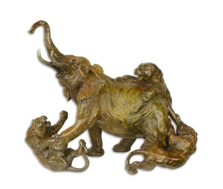 Elefante de bronce de lujo Casa Padrino atacado por león 21 x 37.8 x H. 34.1cm - Escultura de bronce - Figura decorativa - Accesorios decorativos Aktuell
