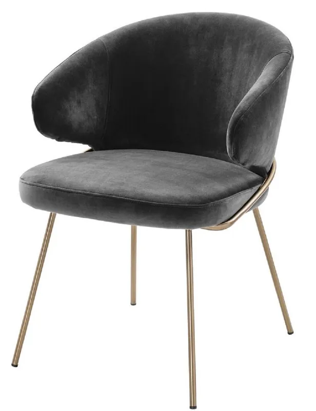 Casa Padrino silla de comedor de lujo con reposabrazos gris oscuro / latón 60 x 64 x H. 81 cm - Silla de Cocina con Terciopelo Fino - Muebles de Comedor Sonderaktion
