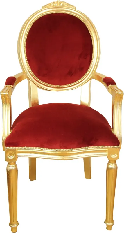 Casa Padrino Silla medallón de comedor barroco de lujo con brazos Tela de terciopelo burdeos / oro Markenware