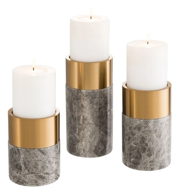 Garantierte Lieferung Casa Padrino Conjunto de Candelabros de Lujo Gris / Latón - 3 Candelabros Redondos de Mármol - Calidad de Lujo - Accesorios Decorativos