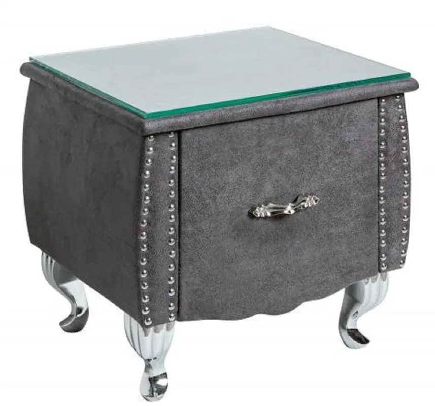 Casa Padrino Mesita de Noche Art Deco con Cajón y Tapa de Vidrio Gris Antiguo / Plata 47 x 41 x H. 45 cm - Muebles de Dormitorio Neuheit