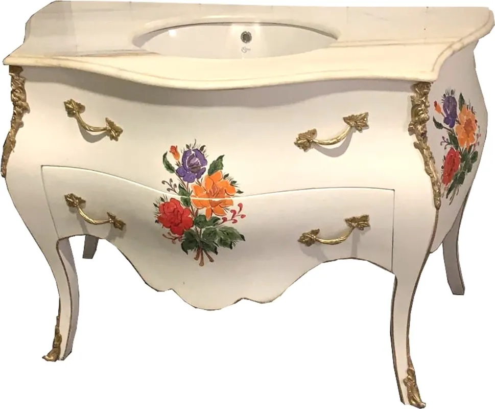 Kracherpreis Lavabo barroco de lujo Casa Padrino blanco / pintura de flores con encimera de mármol - muebles de baño barrocos de lujo