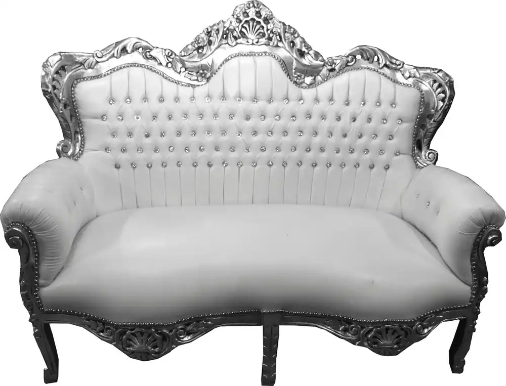 Casa Padrino - Sofá barroco de 2 plazas con aspecto de cuero blanco / plateado con pedrería Bling Bling - Sala de estar Sofá Muebles Salón Neu Im Sortiment