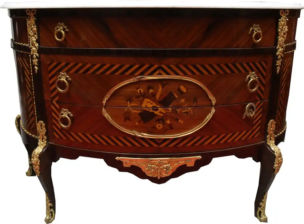 Expressversand Cómoda de estilo antiguo francés con incrustaciones de color marrón con encimera de mármol blanco - Muebles barrocos