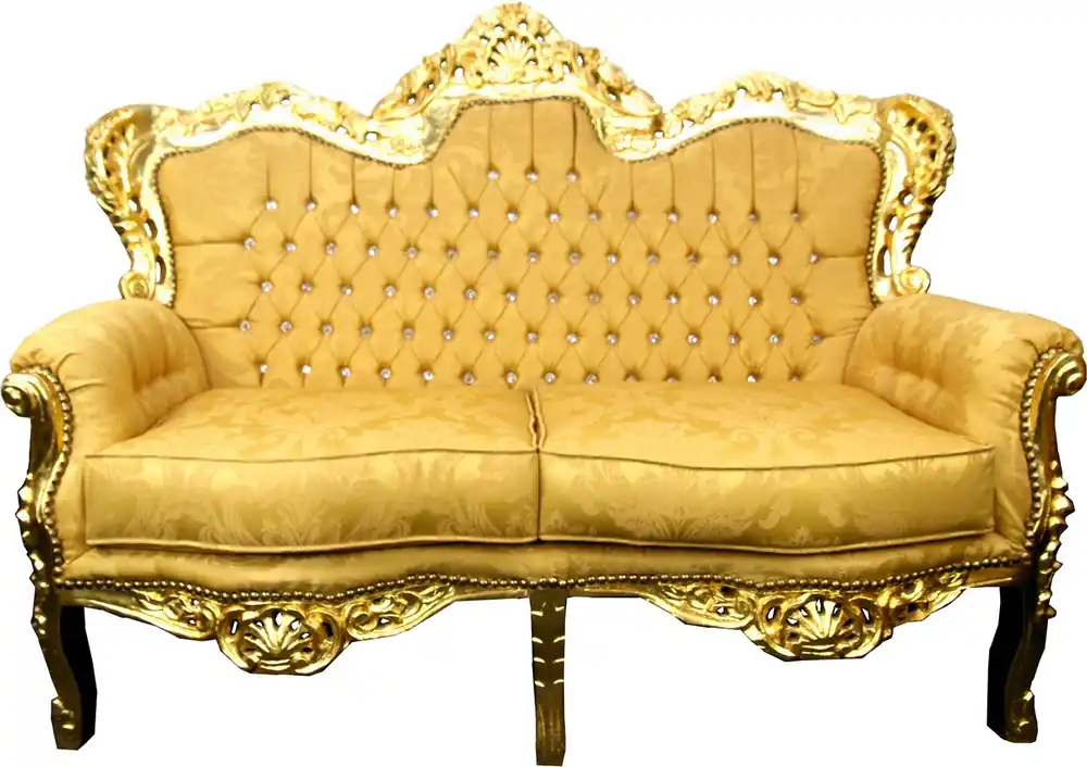 Echt Sofá de 2 plazas barroco Casa Padrino Patrón dorado / Oro con diamantes de imitación Bling Bling - Muebles de salón de estilo antiguo