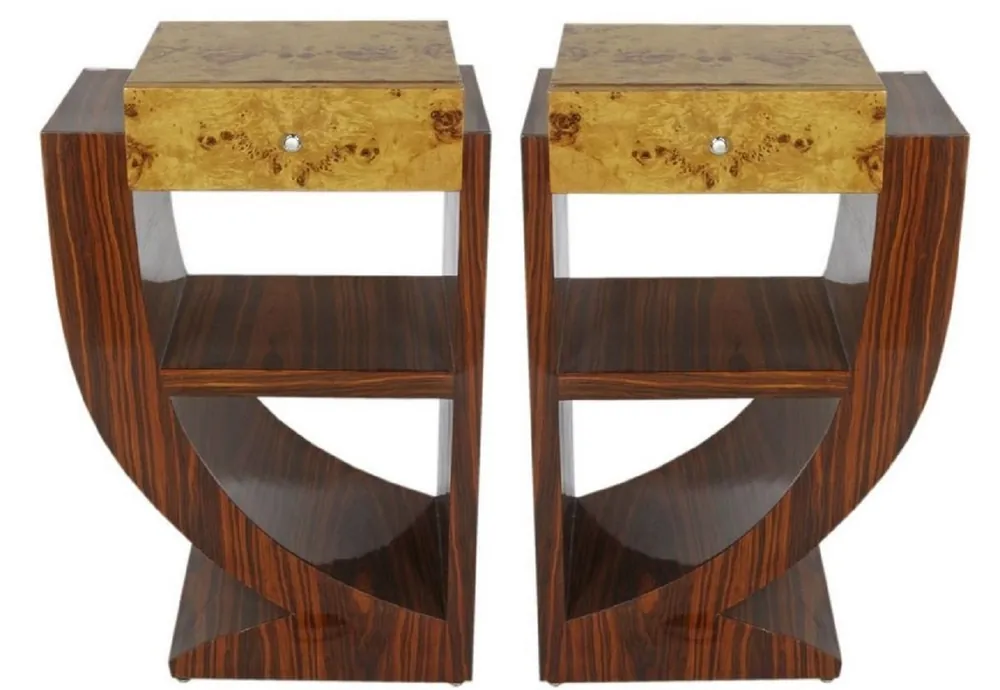 Schneller Versand Casa Padrino Conjunto de Mesa Auxiliar Art Déco Marrón / Marrón Claro 50 x 40 x H. 75 cm - Mesas Auxiliares de Caoba y Madera Burl con Cajón - Mesitas de Noche - Calidad de Lujo